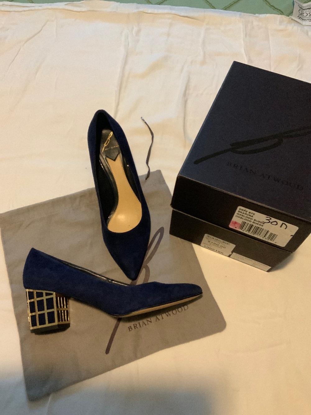 Brian Atwood blue suede block heels 8